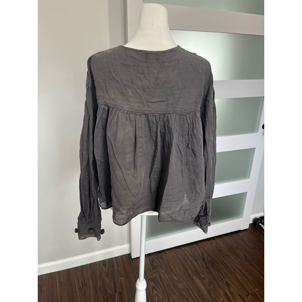ZARA TRF Collection Gray Long Sleeve Boho Pom Pom Beaded Button Up Blouse Top - Picture 4 of 11